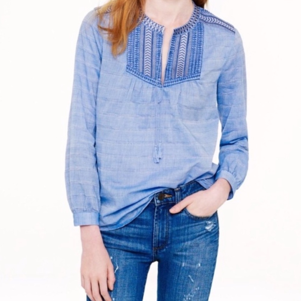 J.Crew Embroidered bib peasant top/Blue+White/2